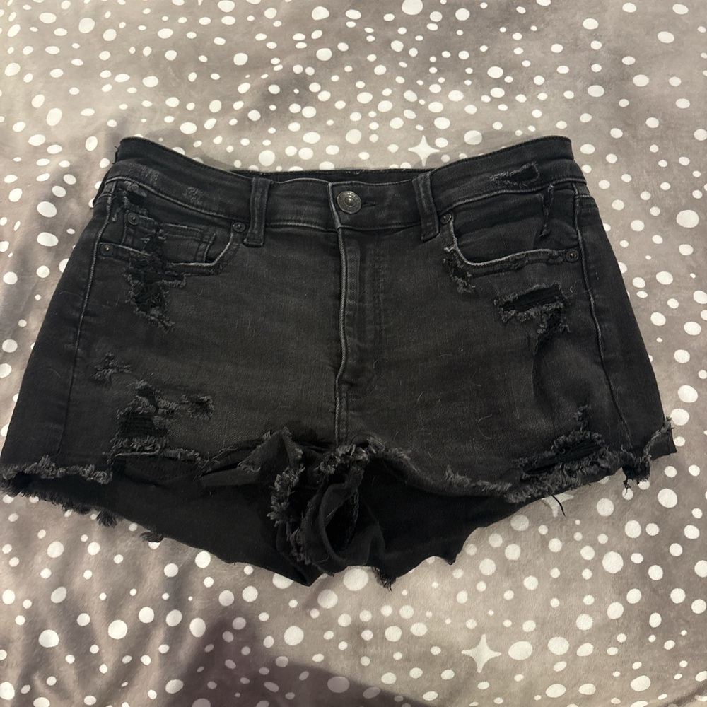 American Eagle Black Jean High Rise Shortie Shorts Distressed Style